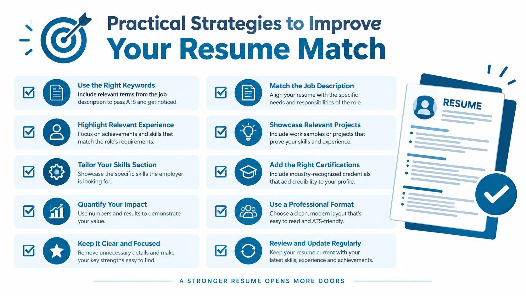 An infographic showing practical strategies for improving your resume match and passing applicant tracking systems successfully.