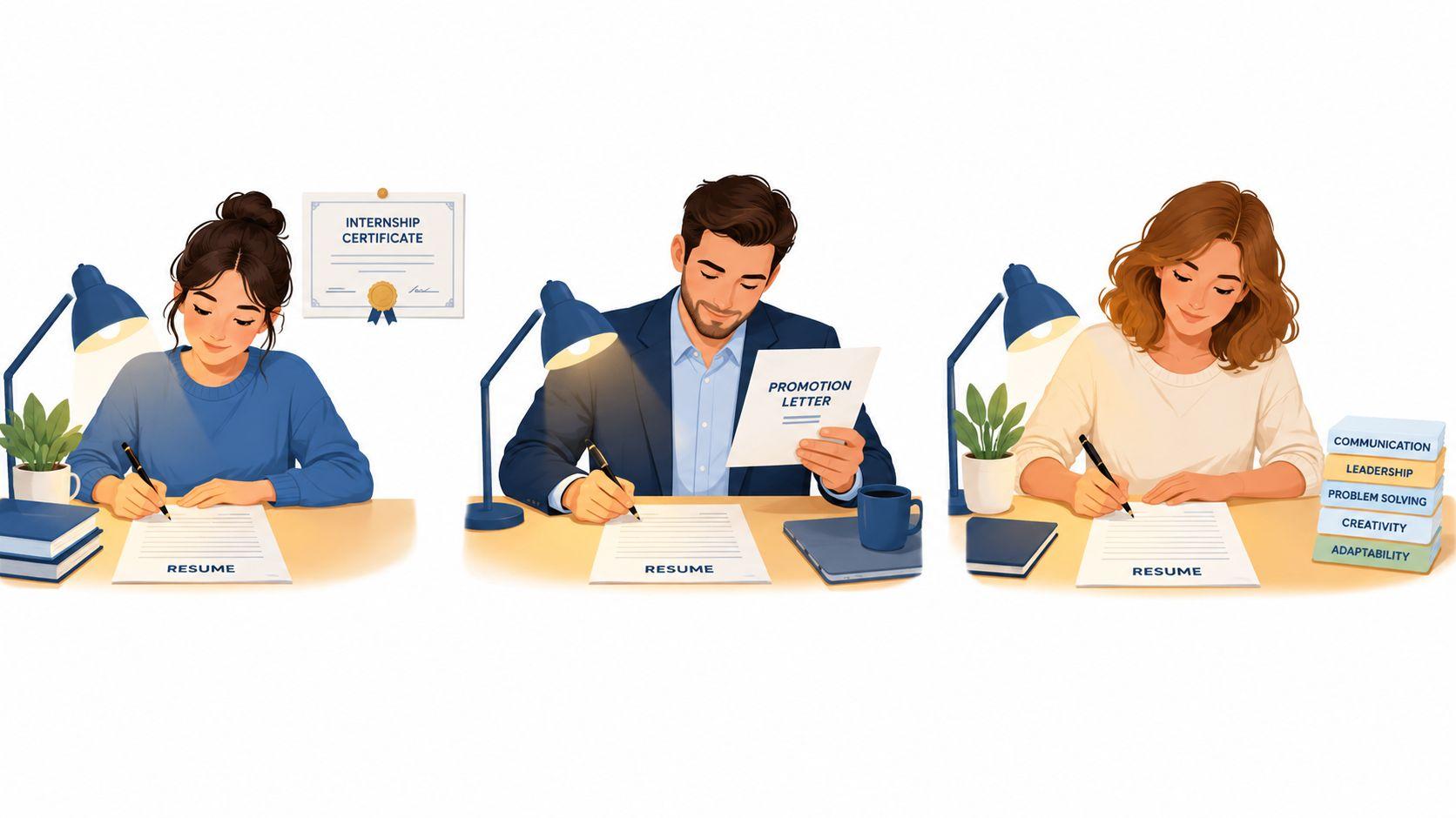 Three professional individuals sitting at desks, writing on resume documents under desk lamps.
