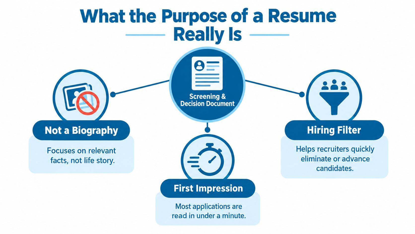 An infographic detailing the three main purposes of a resume: not a biography, hiring filter, and first impression.