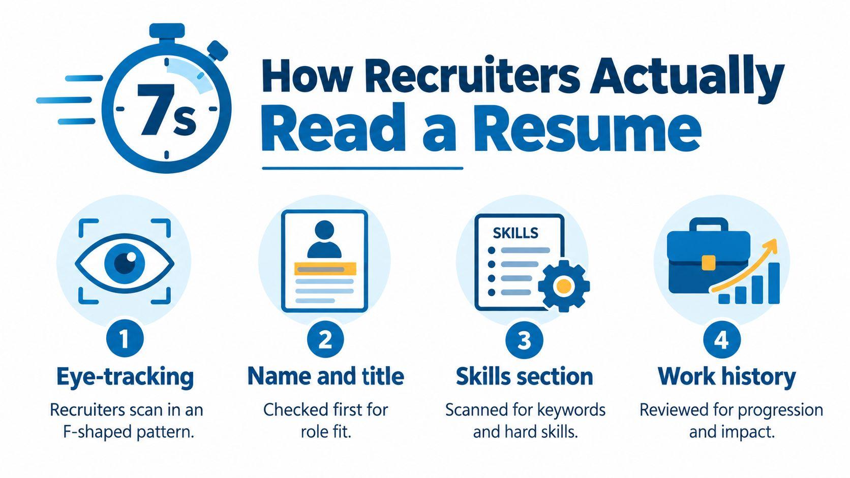 An infographic illustrating how recruiters spend seven seconds scanning resumes in an F-shaped pattern for key information.