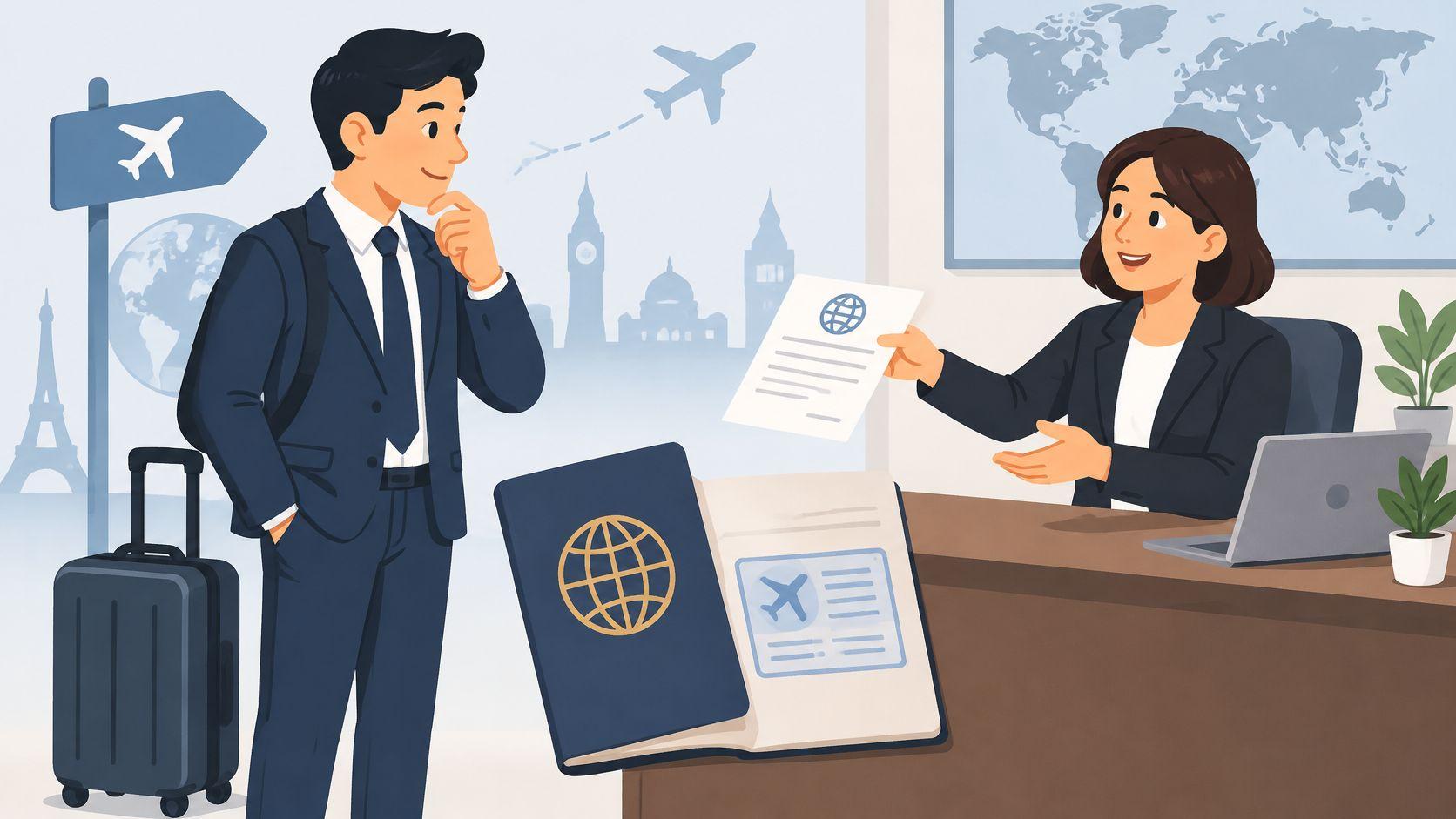 A travel agent handing a document to a businessman with luggage in an office with travel-themed decor.