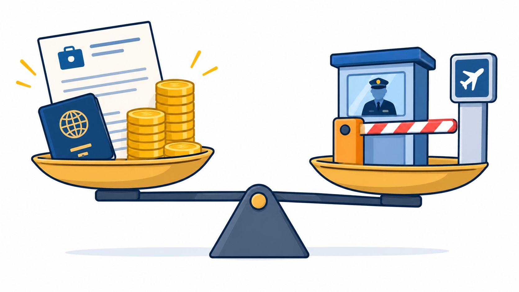 A digital illustration showing a balance scale weighing immigration documents and money against border control security.
