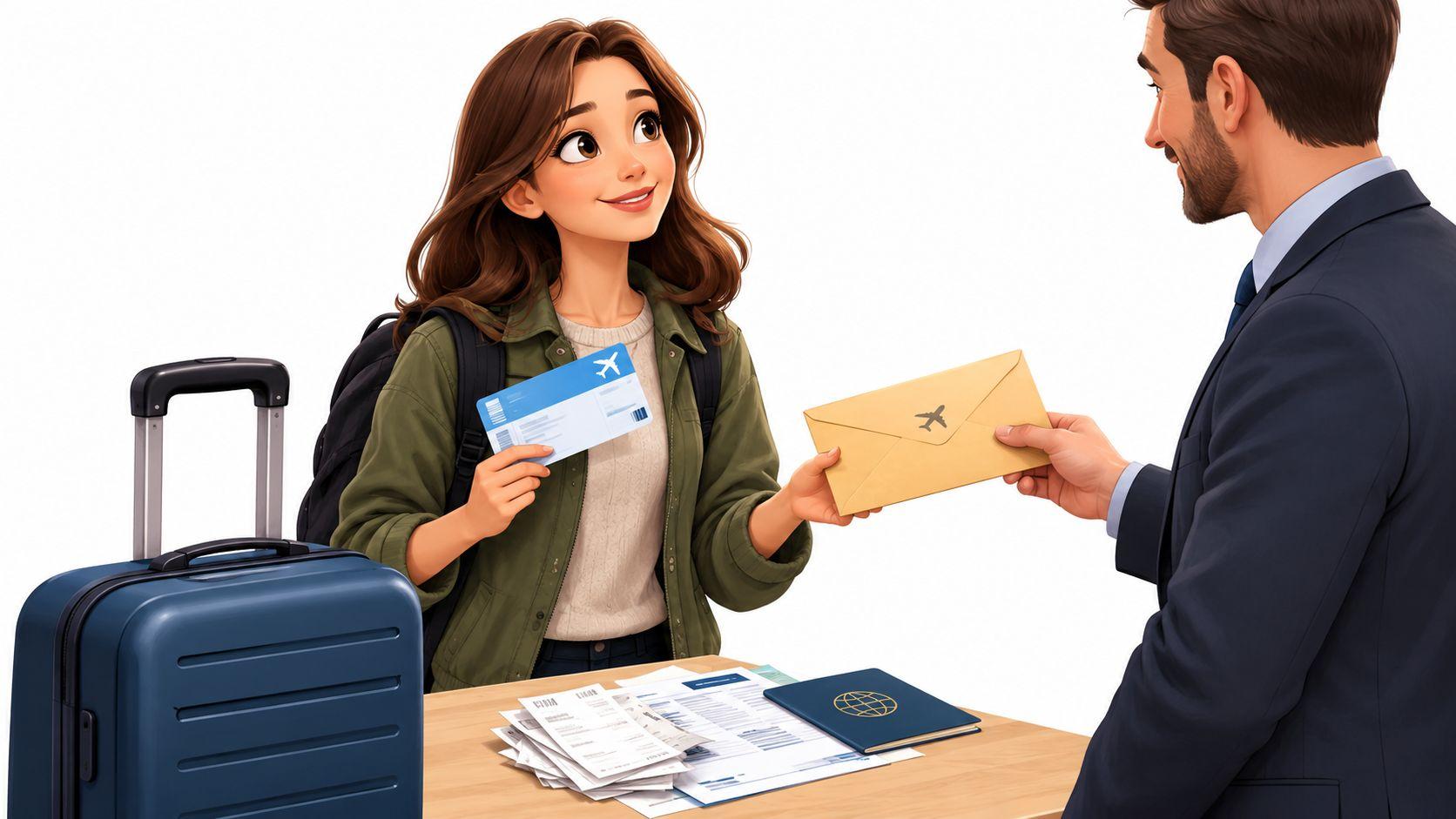 A smiling young woman hands travel documents to a professional man in a suit at a check-in desk.