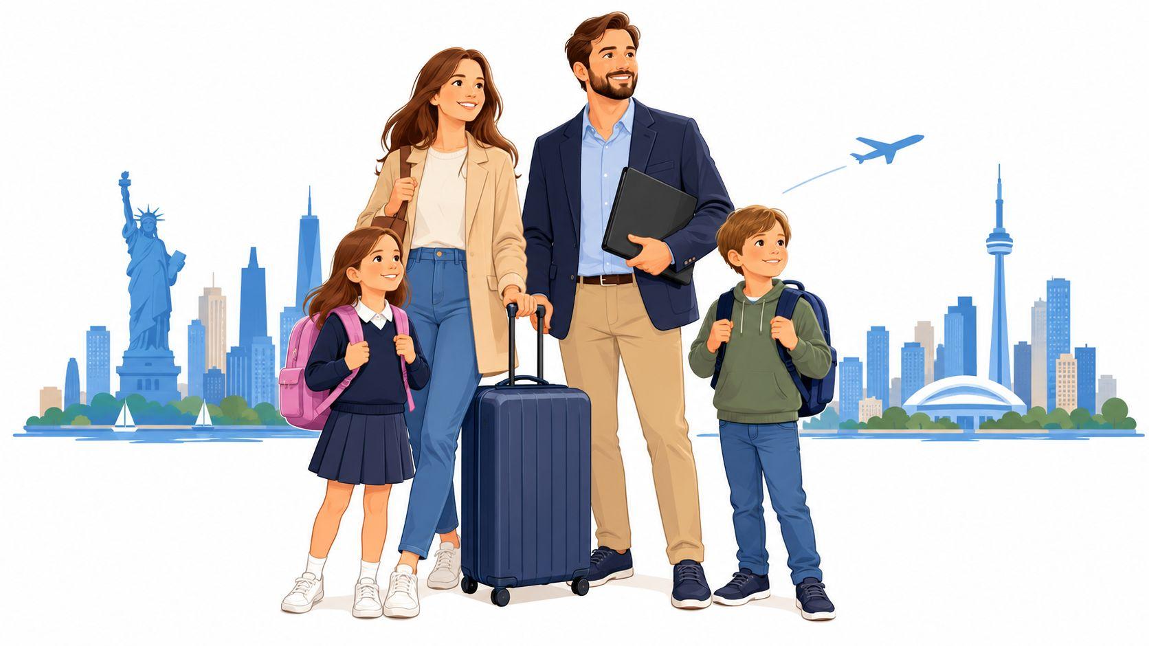 A happy family of four standing together with luggage, preparing for an exciting international relocation journey abroad.