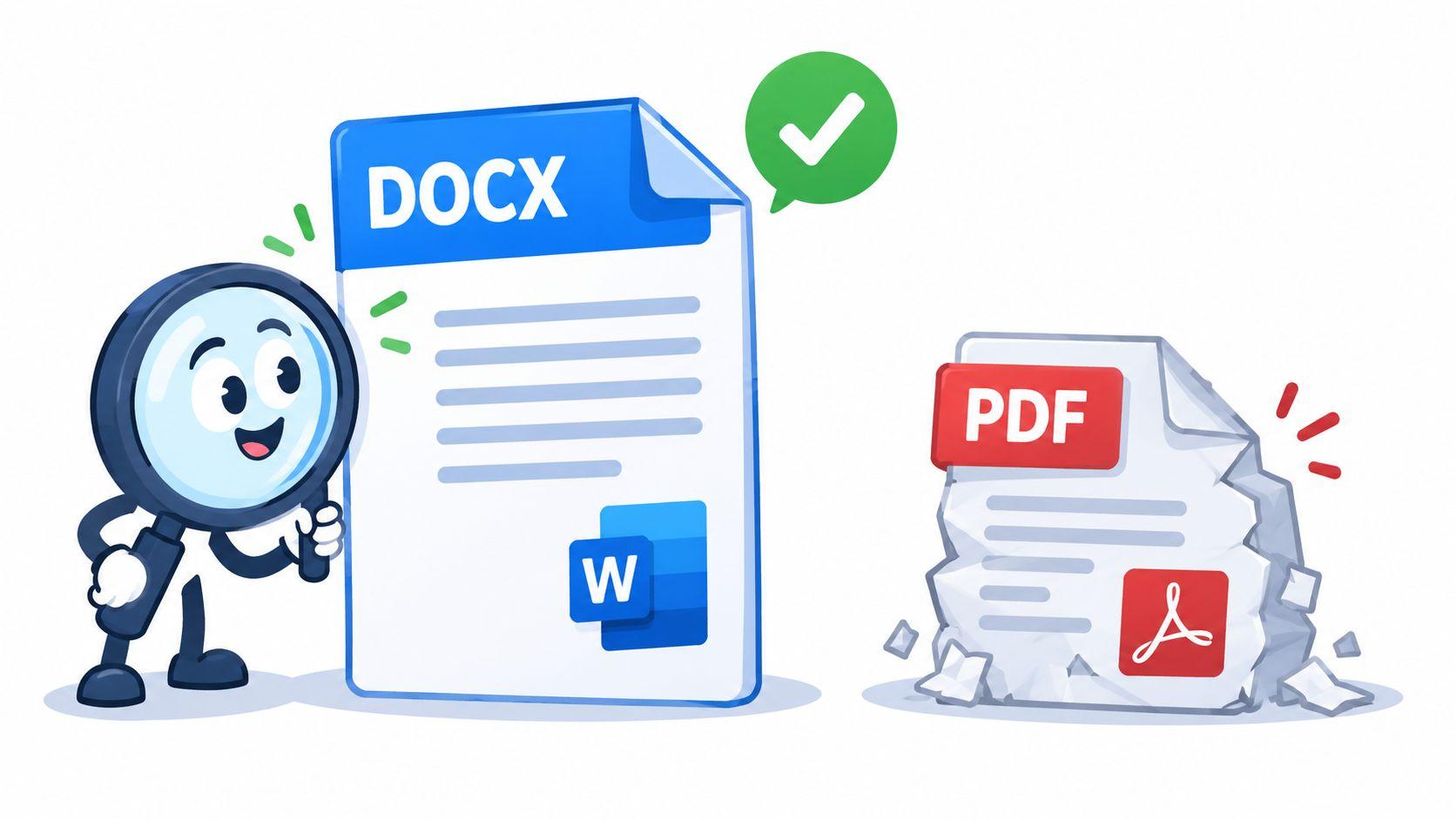 A happy magnifying glass character examining a neat Word document while a PDF file is crumpled.