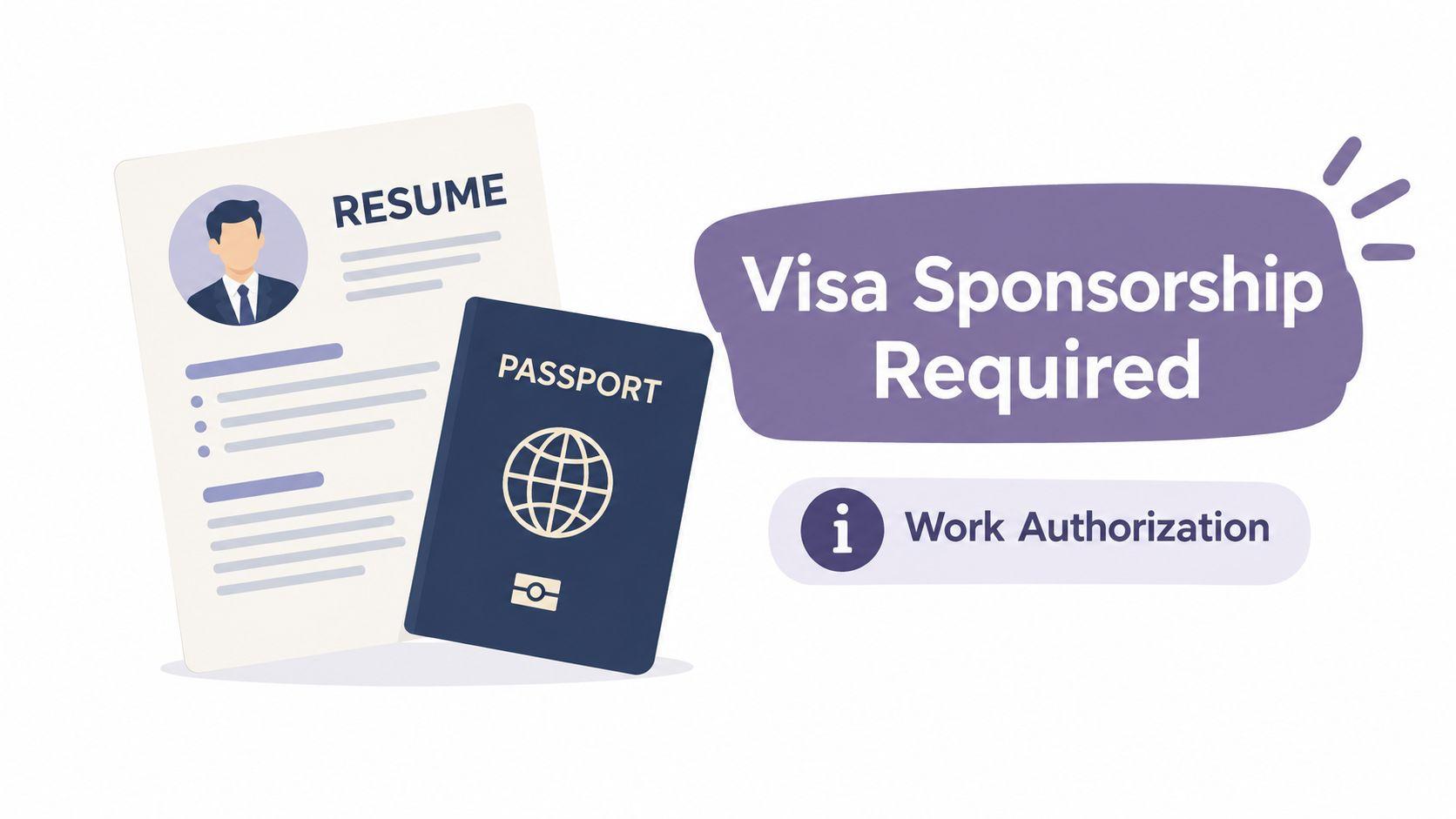 A professional resume and a passport icon representing a requirement for visa sponsorship and work authorization.