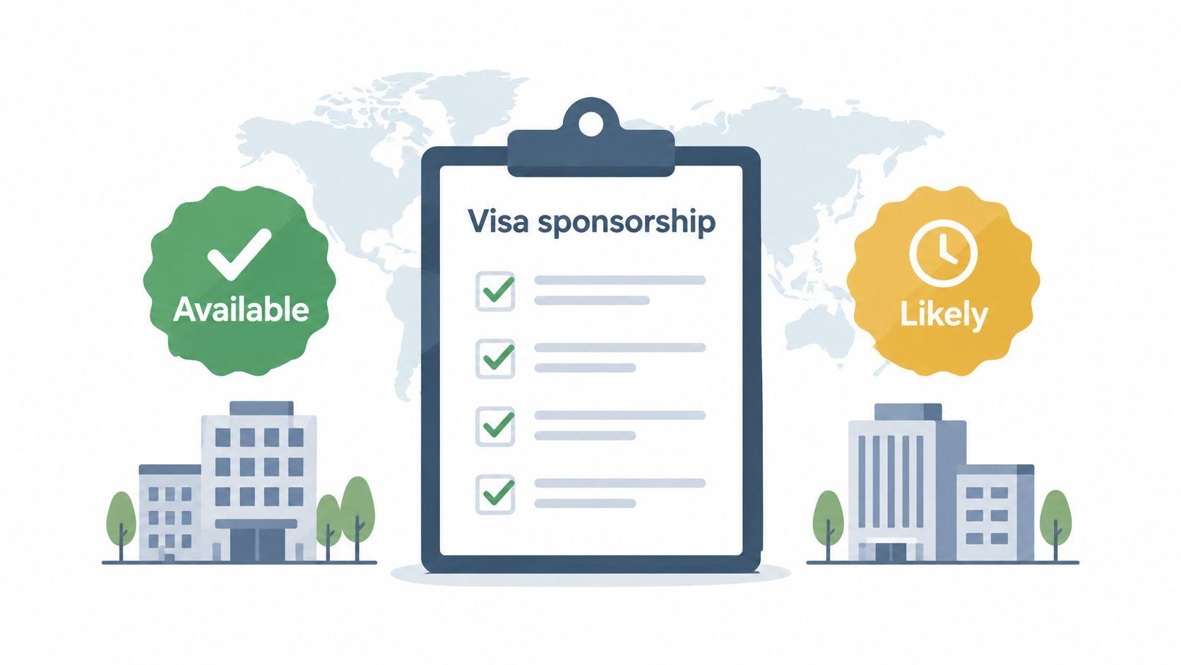 A clipboard with a visa sponsorship checklist next to icons representing job availability and likelihood.