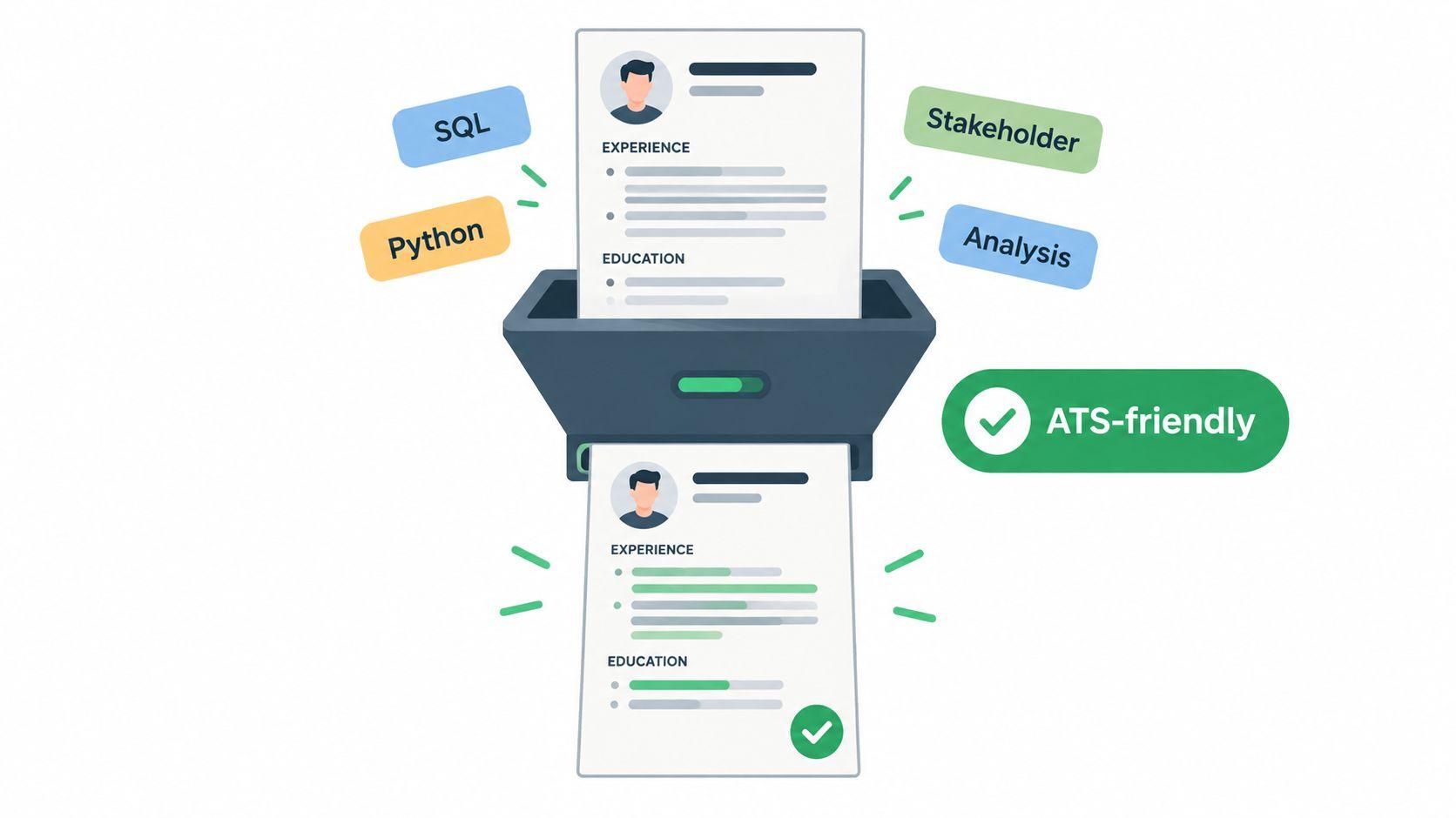 An illustration showing a resume being optimized by an ATS software to make it applicant tracking friendly.