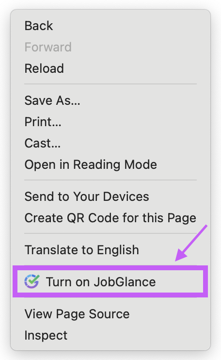 Right-click to turn on JobGlance